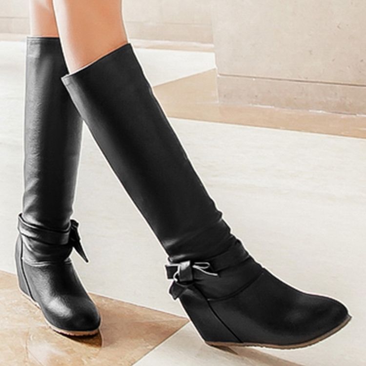 Botas Altas Femininas De Pu Bowknot Com Salto E Joelho