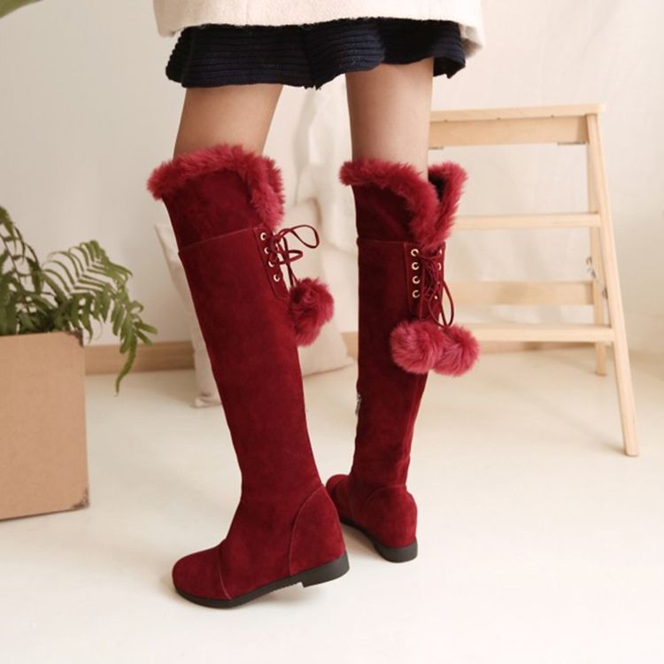 Botas Altas De Joelho Femininas Com Pompom Peludo