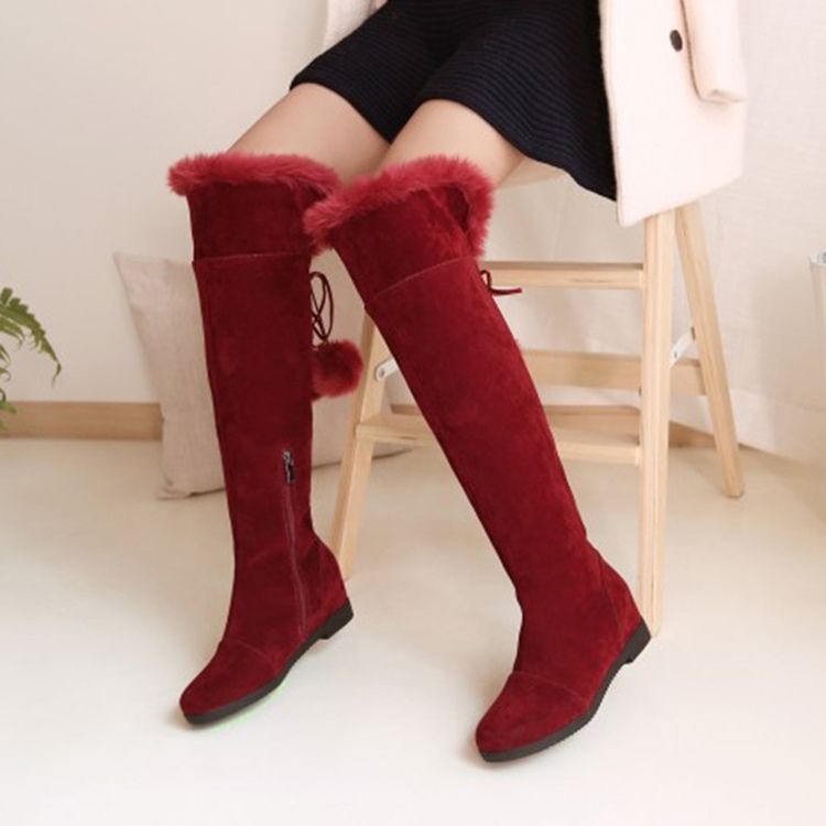 Botas Altas De Joelho Femininas Com Pompom Peludo