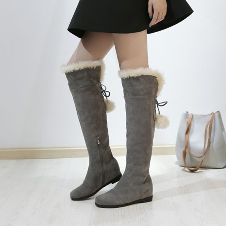 Botas Altas De Joelho Femininas Com Pompom Peludo