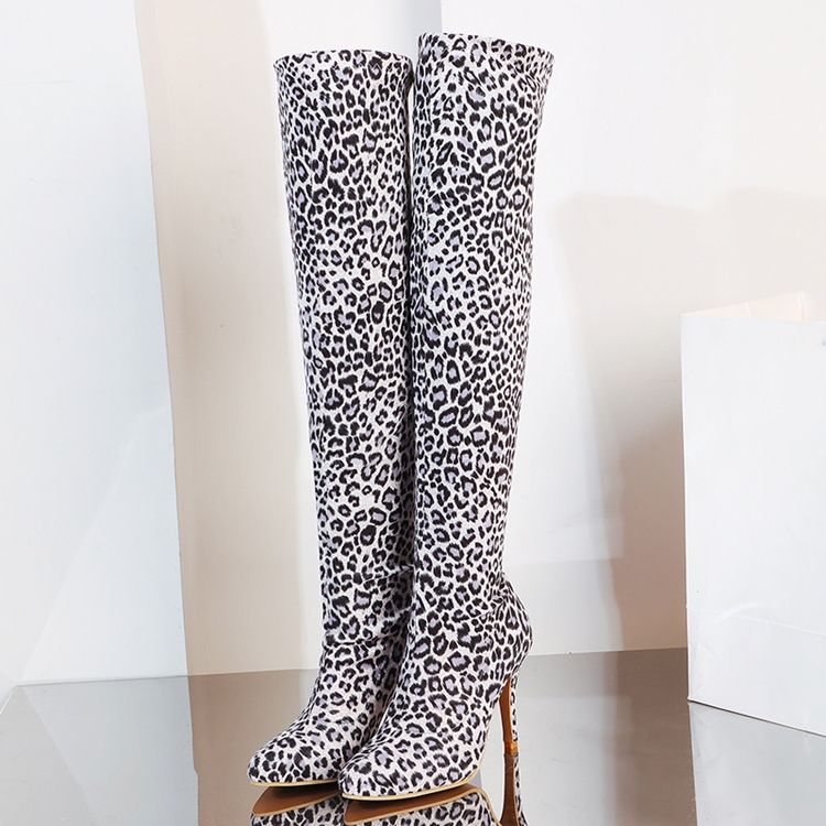 Botas De Cano Alto Femininas Com Salto Agulha E Salto Agulha Estampado Leopardo