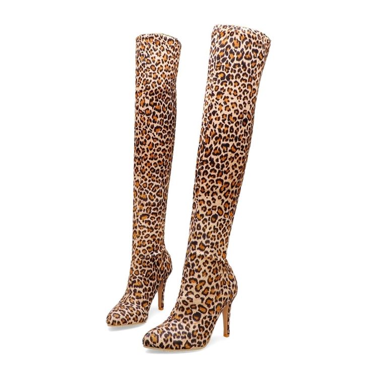 Botas De Cano Alto Femininas Com Salto Agulha E Salto Agulha Estampado Leopardo