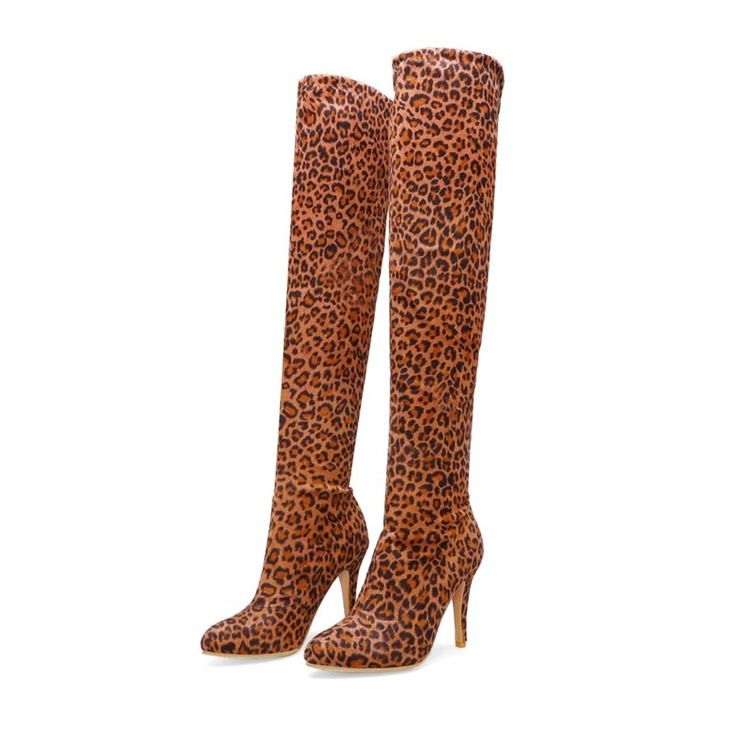 Botas De Cano Alto Femininas Com Salto Agulha E Salto Agulha Estampado Leopardo