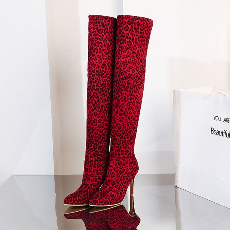 Botas De Cano Alto Femininas Com Salto Agulha E Salto Agulha Estampado Leopardo