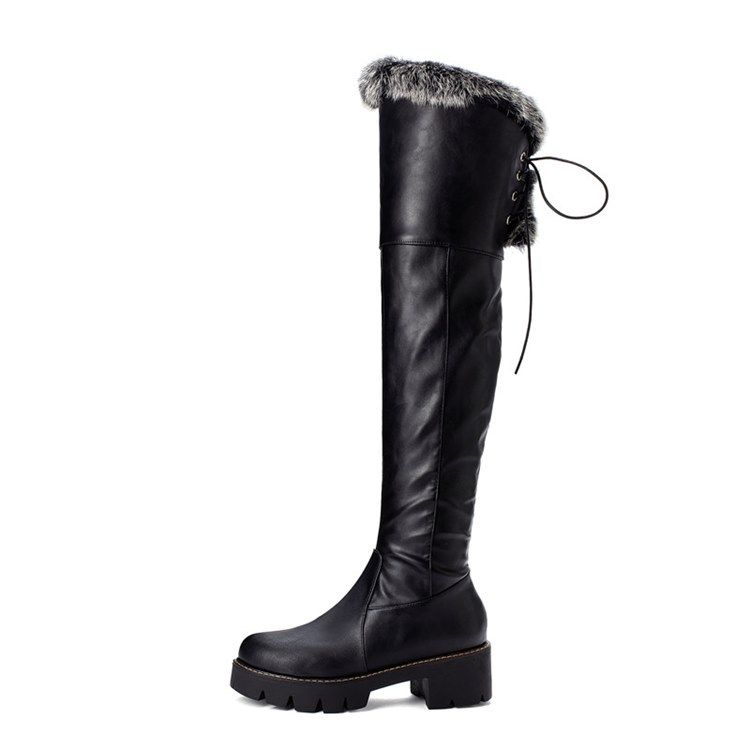 Botas De Cano Alto Para Neve Femininas Com Zíper Lateral Liso Redondo Dedo Do Pé Redondo