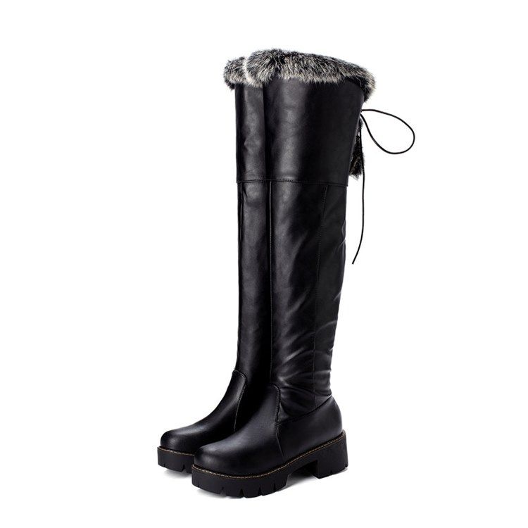 Botas De Cano Alto Para Neve Femininas Com Zíper Lateral Liso Redondo Dedo Do Pé Redondo