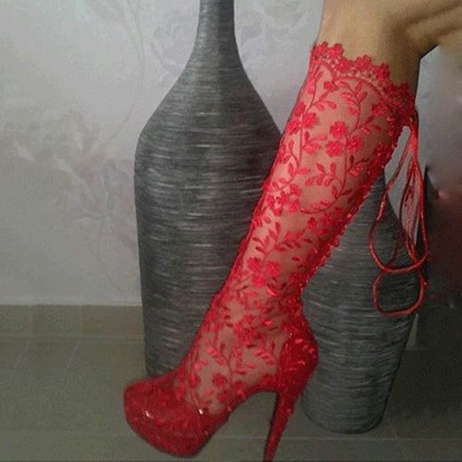 Botas De Cano Alto De Renda Vazadas Femininas