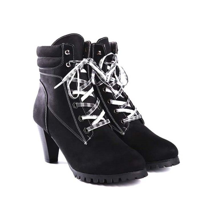 Botas Casuais Femininas Com Biqueira Redonda Lisa De Renda Na Frente