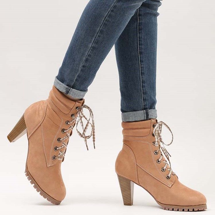 Botas Casuais Femininas Com Biqueira Redonda Lisa De Renda Na Frente