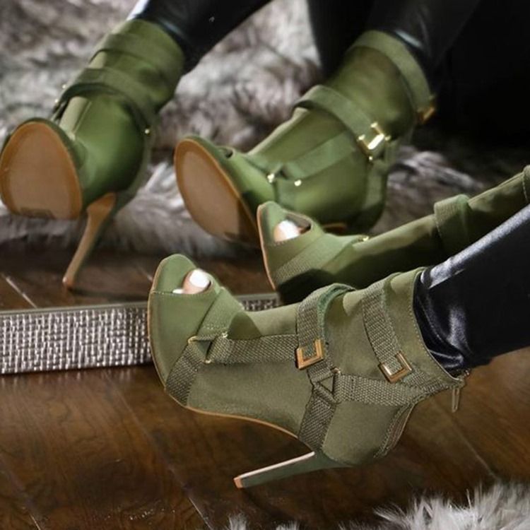 Botas Casuais Femininas De Salto Agulha Com Zíper Liso