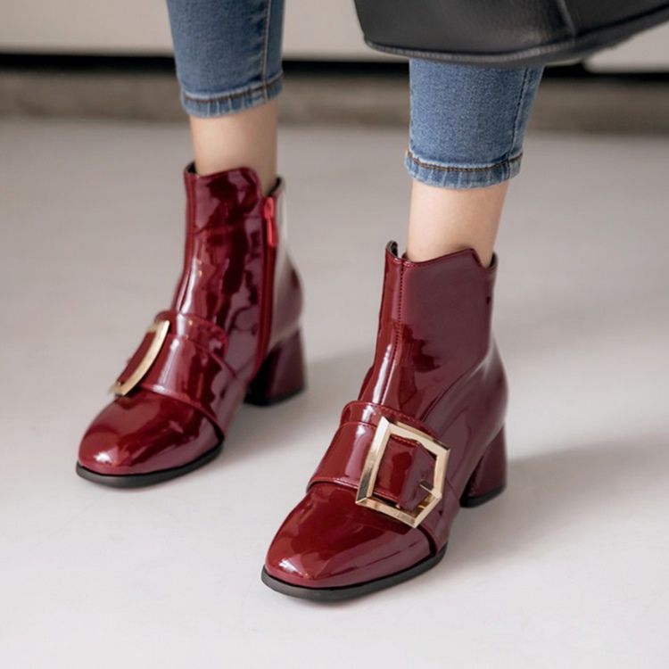 Botas Casuais Femininas De Salto Largo Com Zíper Liso