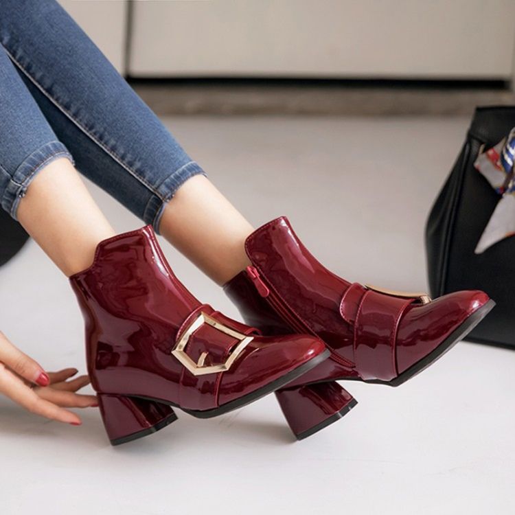 Botas Casuais Femininas De Salto Largo Com Zíper Liso