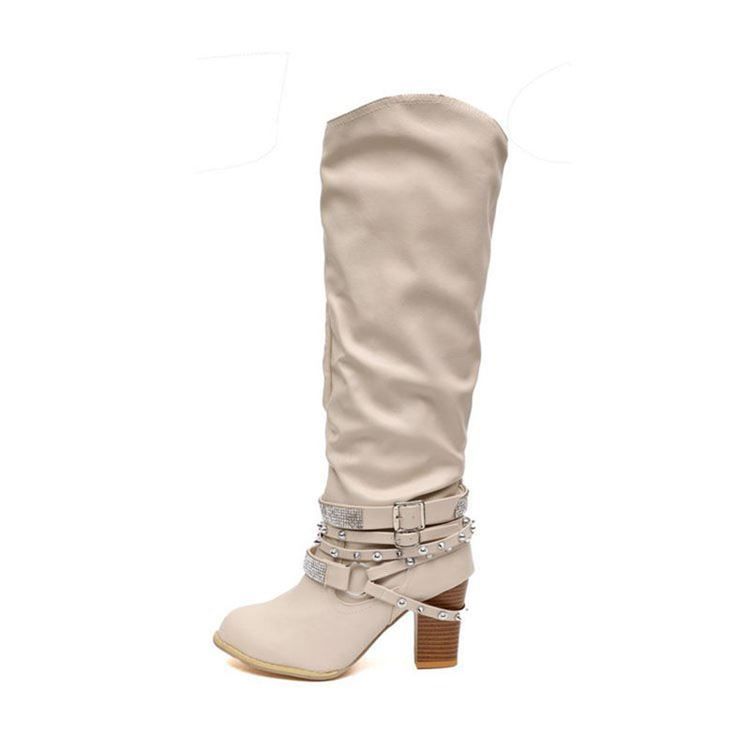 Botas Casuais Femininas De Salto Largo E Calcanhar