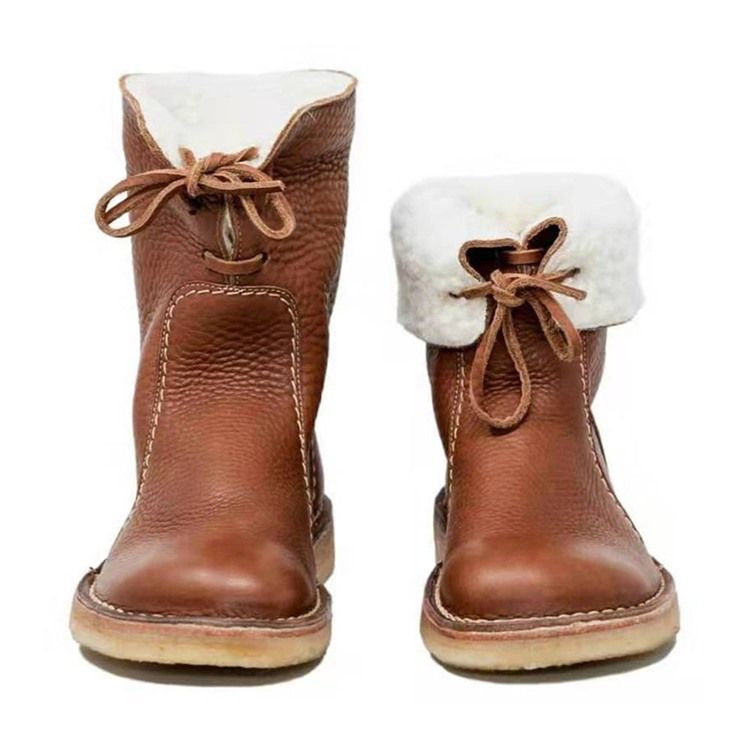 Botas Casuais Femininas De Salto Liso Com Cadarço Frontal