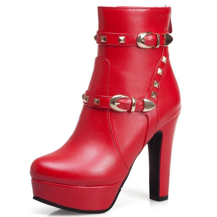 Botas Femininas Com Biqueira Redonda Lisa Nas Costas Com Zíper Ocidental