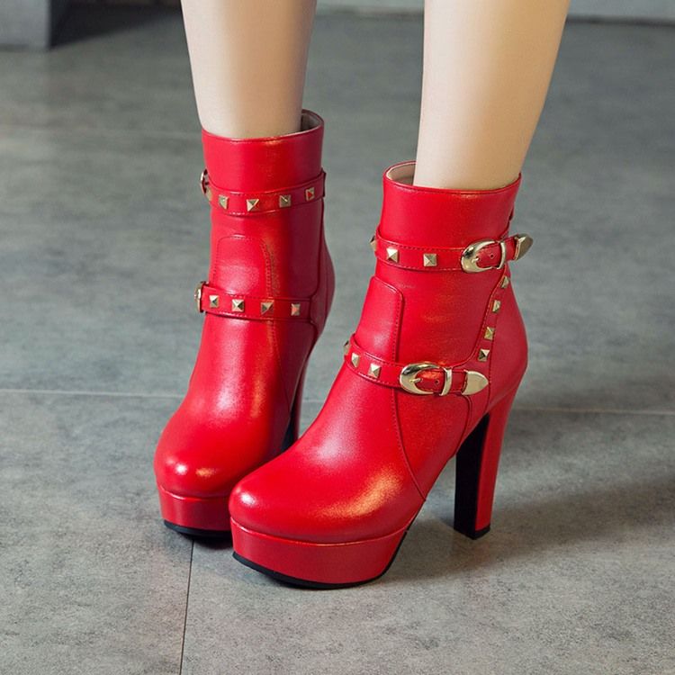 Botas Femininas Com Biqueira Redonda Lisa Nas Costas Com Zíper Ocidental