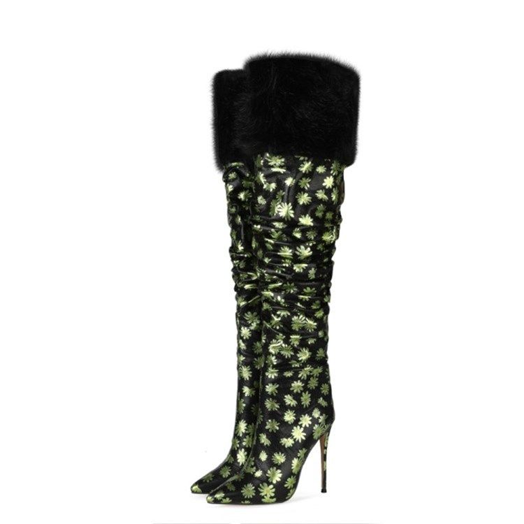 Botas Femininas Com Estampa Floral De Salto Agulha Apontado