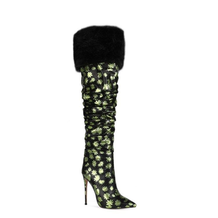 Botas Femininas Com Estampa Floral De Salto Agulha Apontado