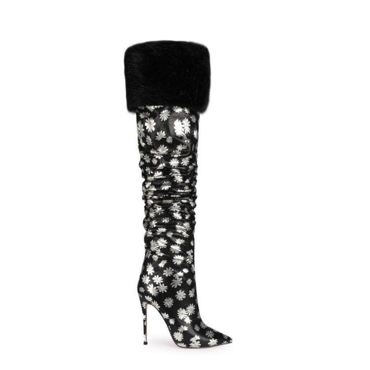 Botas Femininas Com Estampa Floral De Salto Agulha Apontado