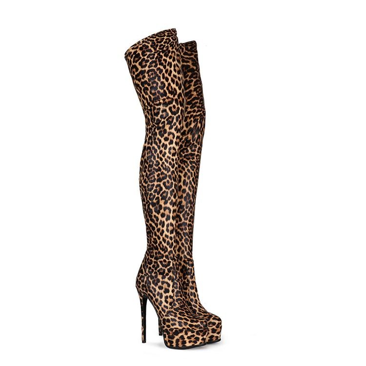 Botas Femininas Com Fio De Zíper Lateral De Leopardo E Salto Agulha