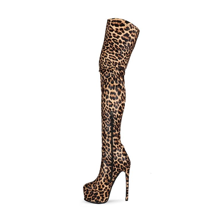 Botas Femininas Com Fio De Zíper Lateral De Leopardo E Salto Agulha