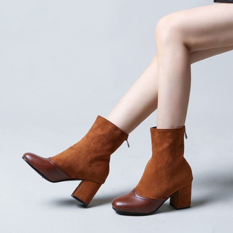 Botas Femininas Com Salto Redondo E Salto Alto Em Patchwork