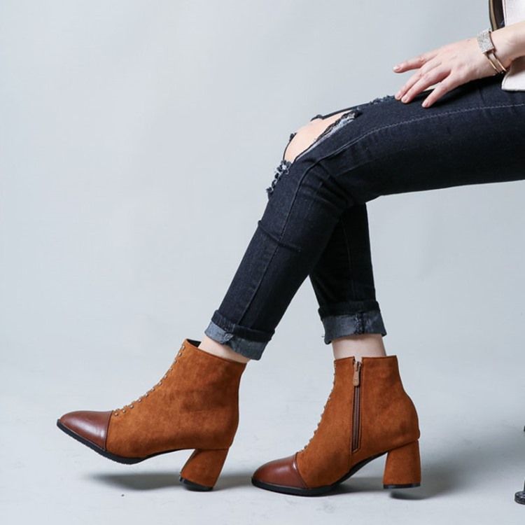 Botas Femininas Com Zíper Lateral Com Zíper Pontiagudo Para Tornozelo