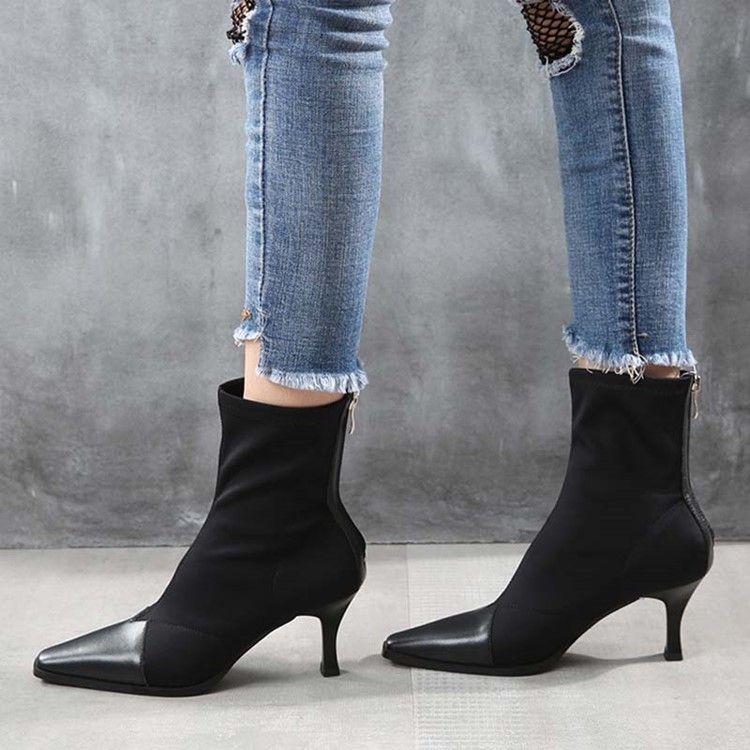 Botas Femininas Com Zíper De Salto Agulha E Bico Quadrado