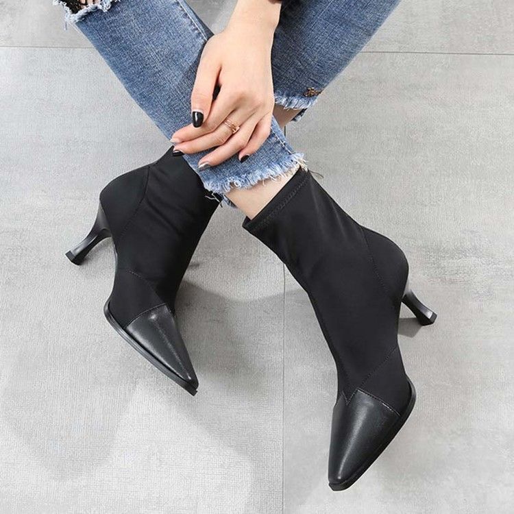 Botas Femininas Com Zíper De Salto Agulha E Bico Quadrado