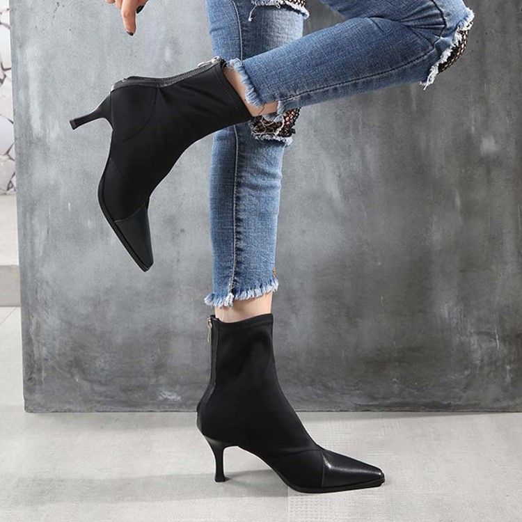 Botas Femininas Com Zíper De Salto Agulha E Bico Quadrado