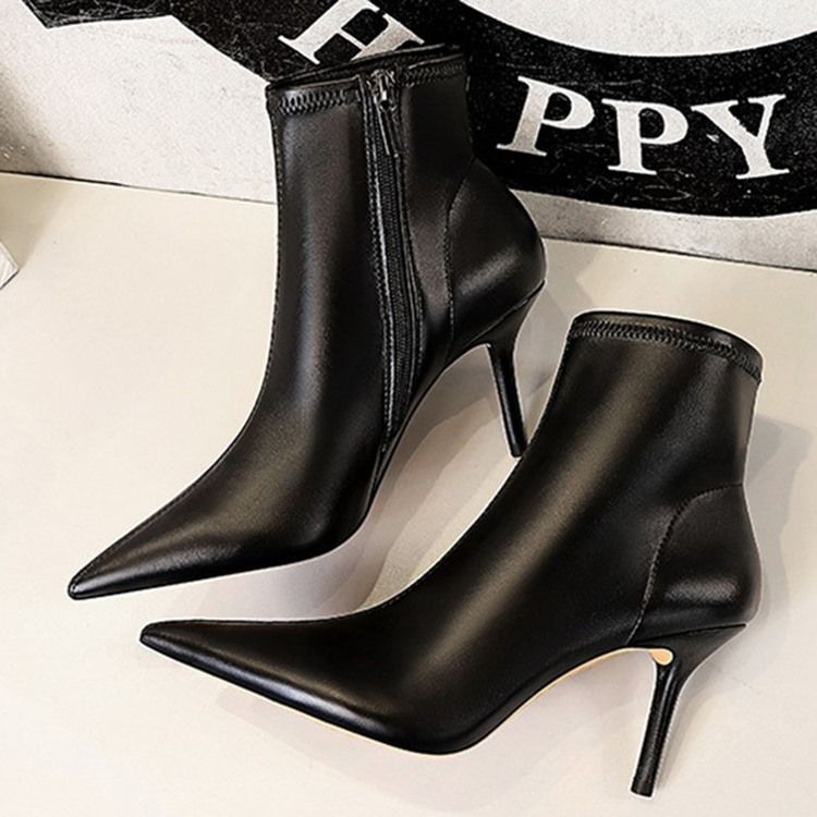 Botas Femininas De Ponta Lisa Com Zíper Com Linha De Zíper