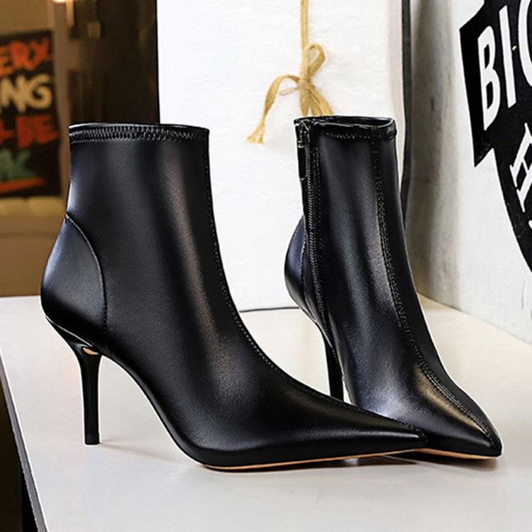 Botas Femininas De Ponta Lisa Com Zíper Com Linha De Zíper