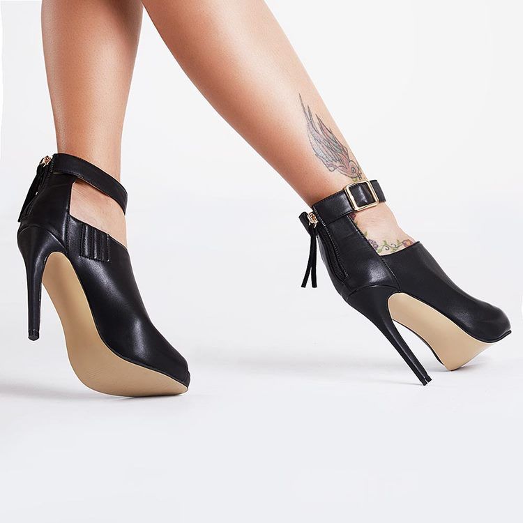 Botas Femininas Pretas Com Alça De Tornozelo Peep-toe De Salto Alto