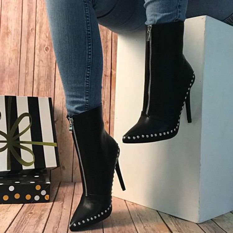 Botas Femininas De Pu Com Zíper Frontal Pontudo Pontudo