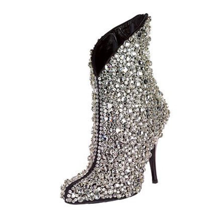 Botas Femininas De Salto Agulha Liso Com Bico De Strass E Ponta Fina