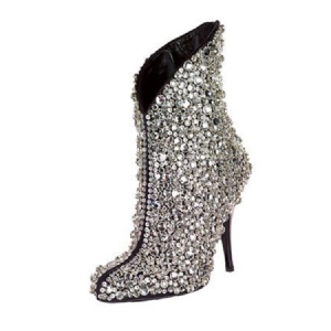 Botas Femininas De Salto Agulha Liso Com Bico De Strass E Ponta Fina