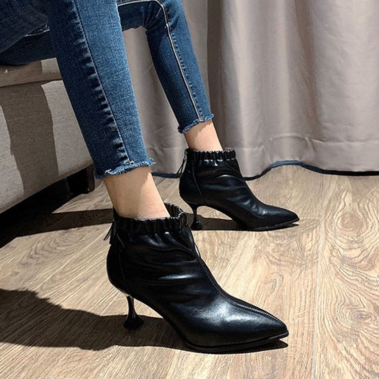 Botas Femininas De Salto Agulha Simples Bico Pontiagudo Pu