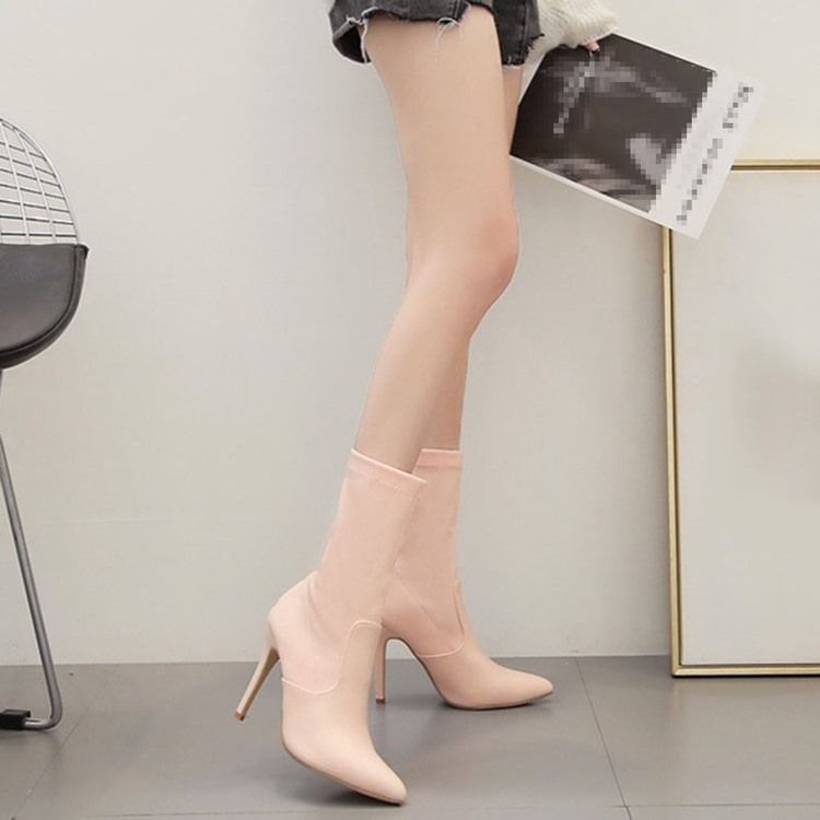 Botas Femininas De Salto Agulha Simples Deslizantes