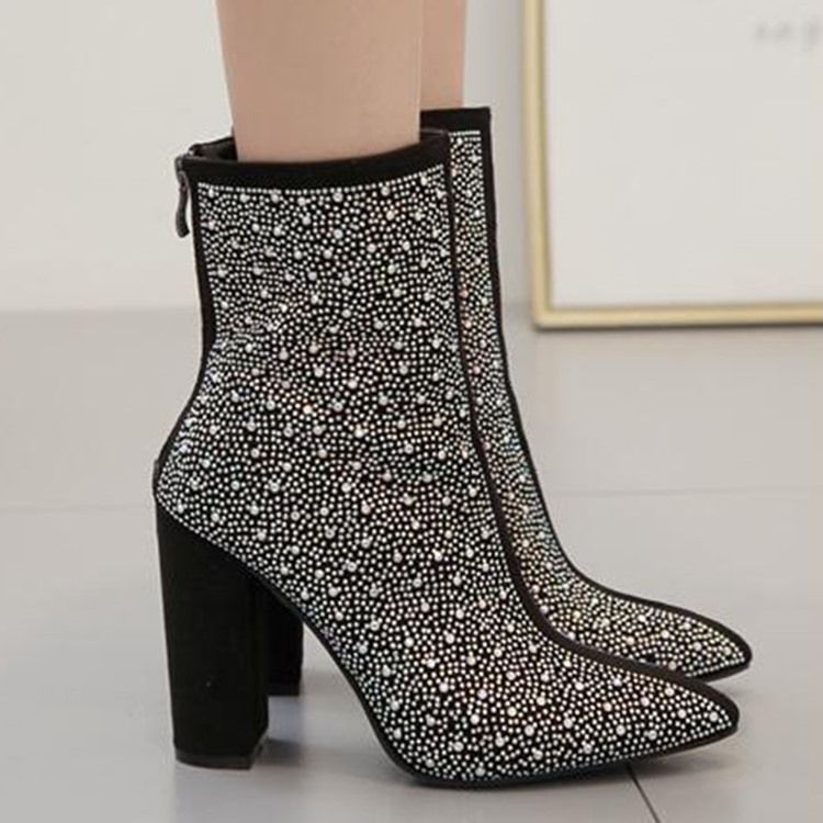 Botas Femininas De Salto Alto Com Salto E Bico Fino De Algodão Com Diamante