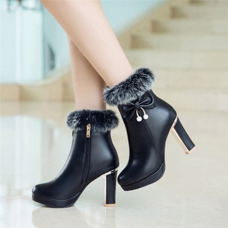 Botas Femininas De Salto Alto Com Plataforma Decorada Com Bowknot Felpudo