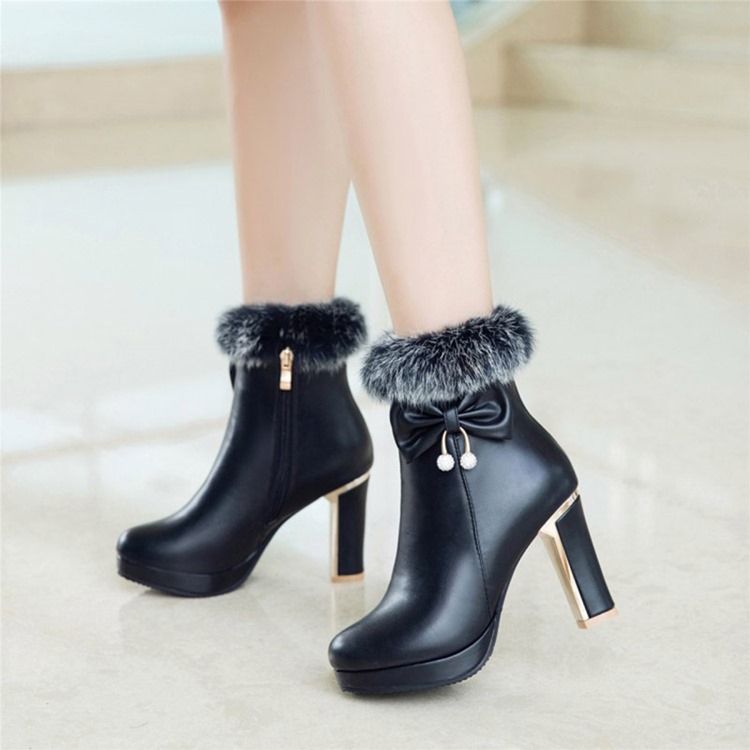 Botas Femininas De Salto Alto Com Plataforma Decorada Com Bowknot Felpudo