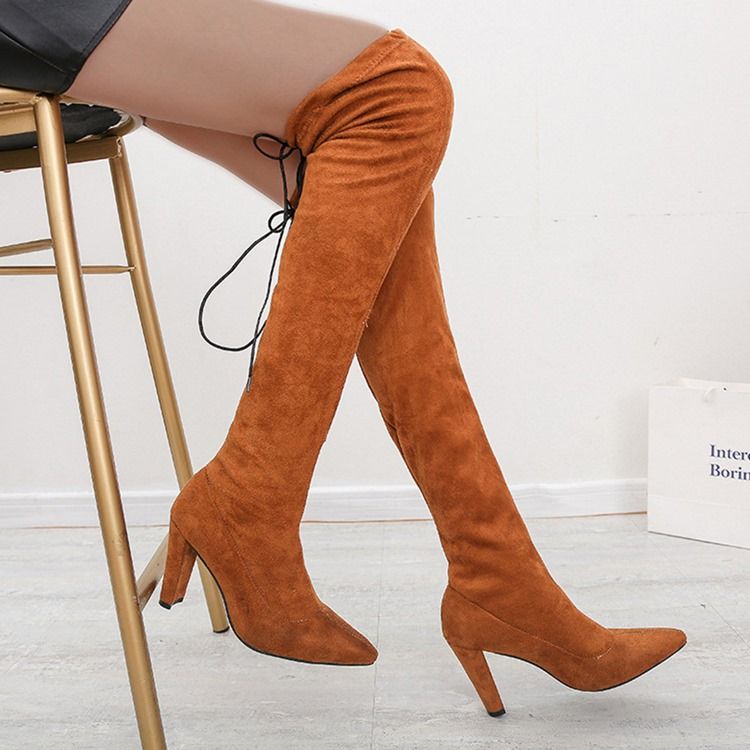 Botas De Linha Lisa Feminina Com Bico Fino Deslizante