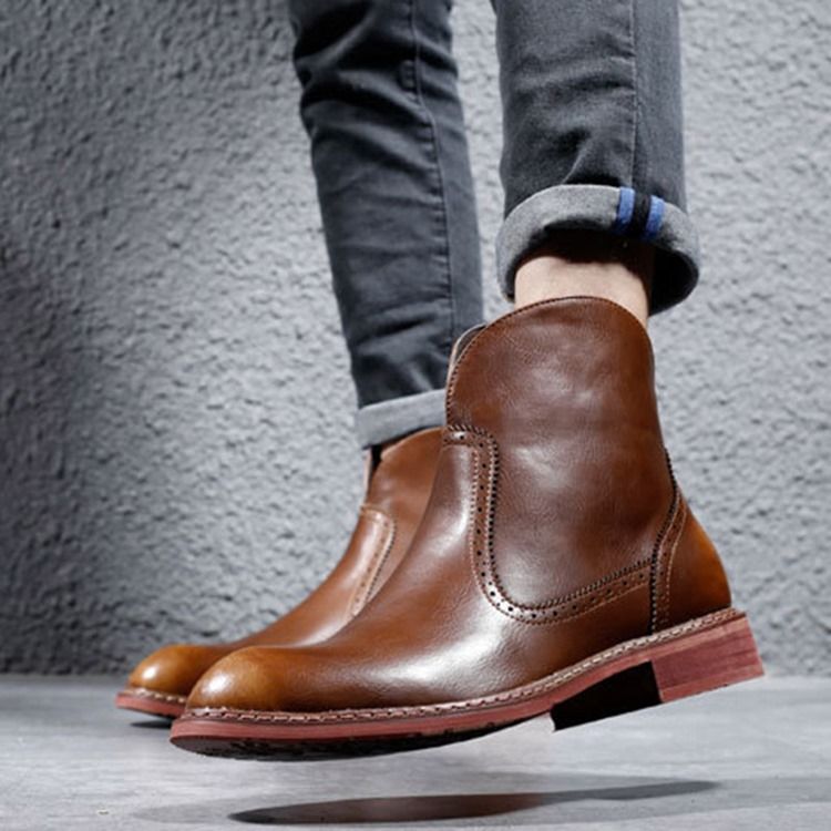 Botas Masculinas Com Zíper Lateral Pu Redondo