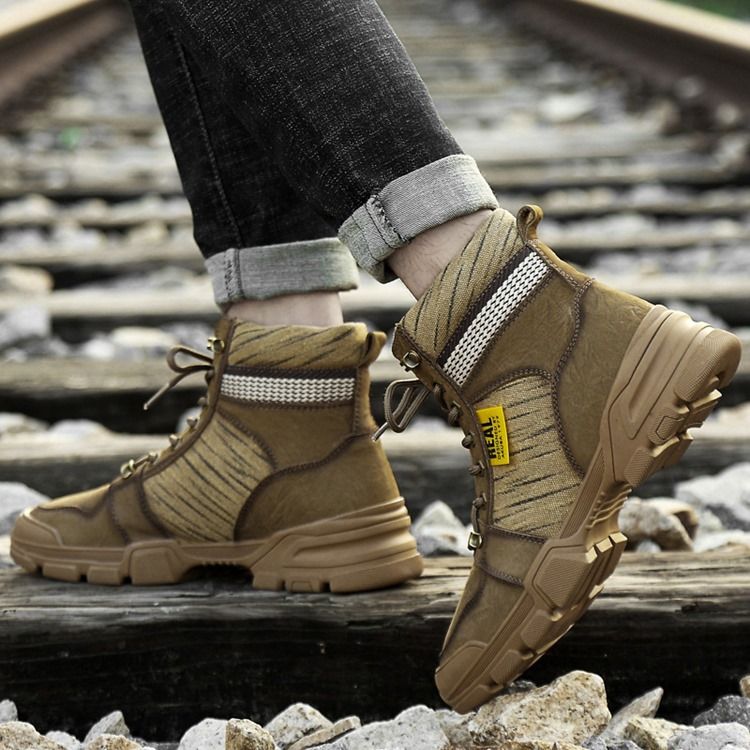 Botas Masculinas De Inverno Em Couro Com Biqueira Redonda Com Cordões Na Frente