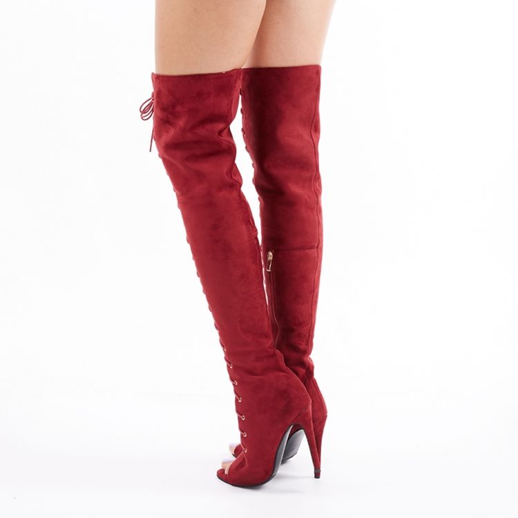 Botas Peep Toe Coxas De Atar Vermelho Feminino