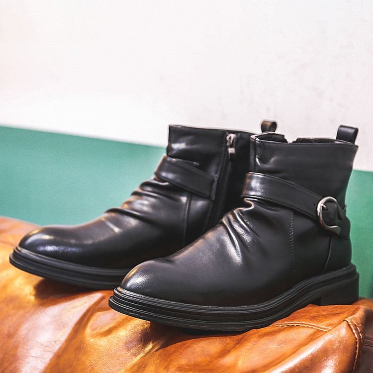 Botas De Pu Com Zíper Lateral Liso Redondo Masculino Com Zíper