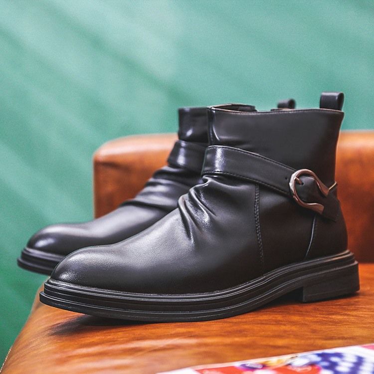 Botas De Pu Com Zíper Lateral Liso Redondo Masculino Com Zíper