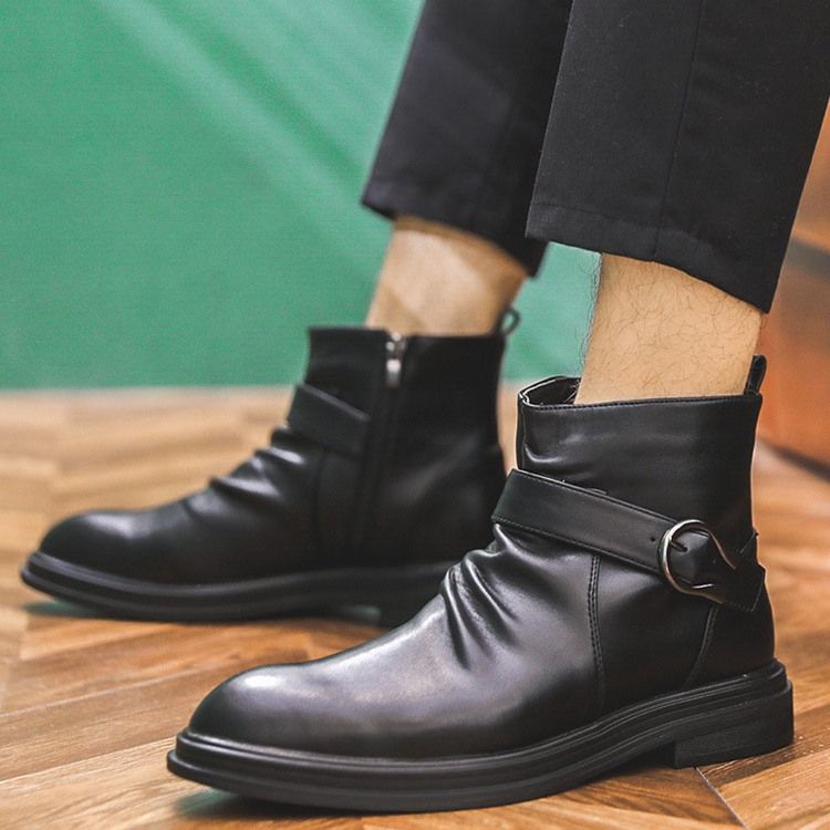 Botas De Pu Com Zíper Lateral Liso Redondo Masculino Com Zíper