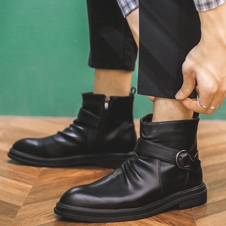 Botas De Pu Com Zíper Lateral Liso Redondo Masculino Com Zíper