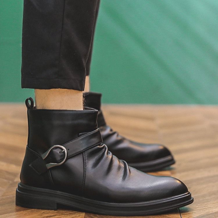 Botas De Pu Com Zíper Lateral Liso Redondo Masculino Com Zíper